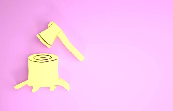 핑크 색 배경에 고립된 그루터기 아이콘에 노란 나무 도끼. 벌목 도끼. 도끼가 나무에 걸렸어. 최소성 개념. 3D 일러스트 3D 렌더링 — 스톡 사진