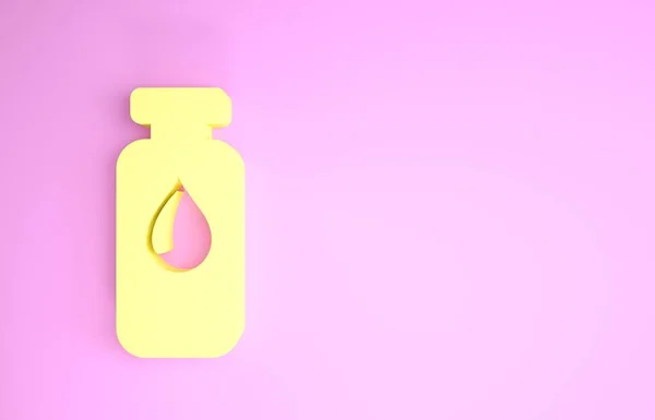 Flaconcino medico giallo, fiala, icona del flacone isolata su sfondo rosa. Vaccinazione, iniezione, concetto di sanità vaccinale. Concetto minimalista. Illustrazione 3d rendering 3D — Foto Stock