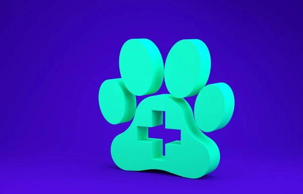 Icono símbolo de la clínica veterinaria verde aislado sobre fondo azul. Cruz de la señal del hospital. Un perro o gato estilizado con estampado de pata. Signo de primeros auxilios. Concepto minimalista. 3D ilustración 3D render — Foto de Stock