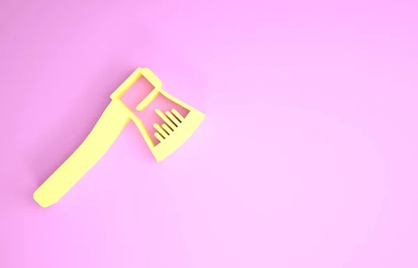 Gelbes Holzbeil-Symbol isoliert auf rosa Hintergrund. Holzfällerbeil. Minimalismus-Konzept. 3D Illustration 3D Renderer — Stockfoto