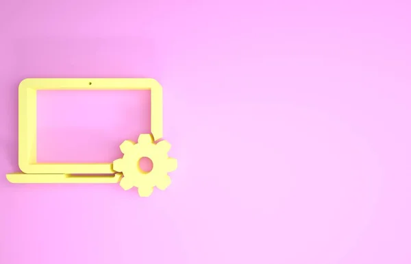 Κίτρινο Laptop και εργαλείο εικονίδιο απομονώνονται σε ροζ φόντο. Σχέδιο εξυπηρέτησης laptop. Ρύθμιση, συντήρηση, ρύθμιση, συντήρηση, επισκευή, στερέωση. Μινιμαλιστική έννοια. 3D απεικόνιση 3d καθιστούν — Φωτογραφία Αρχείου