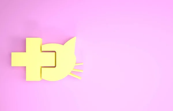 Icono símbolo de la clínica veterinaria amarilla aislado sobre fondo rosa. Cruza con la atención veterinaria del gato. Signo de primeros auxilios. Concepto minimalista. 3D ilustración 3D render — Foto de Stock