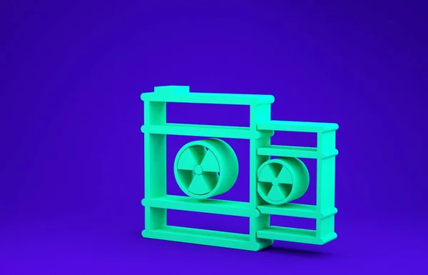 Green Radioactive waste in barrel icon isolated on blue background. Toxic refuse keg. Radioactive garbage emissions, environmental pollution. Minimalism concept. 3d illustration 3D render