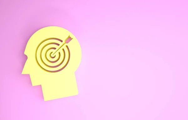 Žlutá hlava koncept lov ikona izolované na růžovém pozadí. Obchodní cíl nebo znamení zaměstnanosti. Lidské zdroje a nábor pro podnikání. Minimalismus. 3D ilustrace 3D vykreslení — Stock fotografie