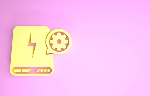 Банк Yellow Power та ікона передач ізольовані на рожевому фоні. Адаптація додатків, концепція обслуговування, налаштування варіантів, обслуговування, ремонт, виправлення. Концепція мінімалізму. 3d Illustrated 3d render — стокове фото