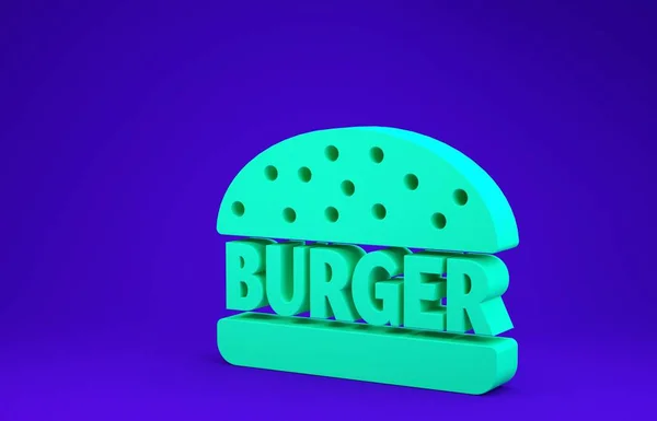 Ikona Green Burger odizolowana na niebieskim tle. Ikona hamburgera. Znak kanapki z cheeseburgerem. Koncepcja minimalizmu. Ilustracja 3d — Zdjęcie stockowe