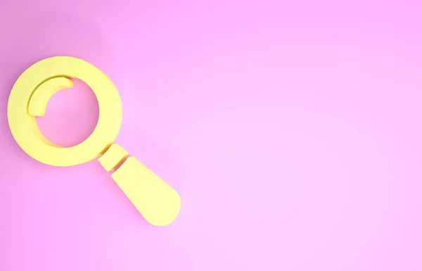 Icono de lupa amarillo aislado sobre fondo rosa. Búsqueda, enfoque, zoom, símbolo de negocio. Concepto minimalista. 3D ilustración 3D render — Foto de Stock