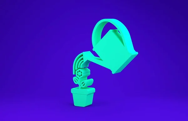 Arrosage vert pulvérise des gouttes d'eau au-dessus de la fleur en pot icône isolée sur fond bleu. Symbole d'irrigation. Concept de minimalisme. Illustration 3D rendu 3D — Photo