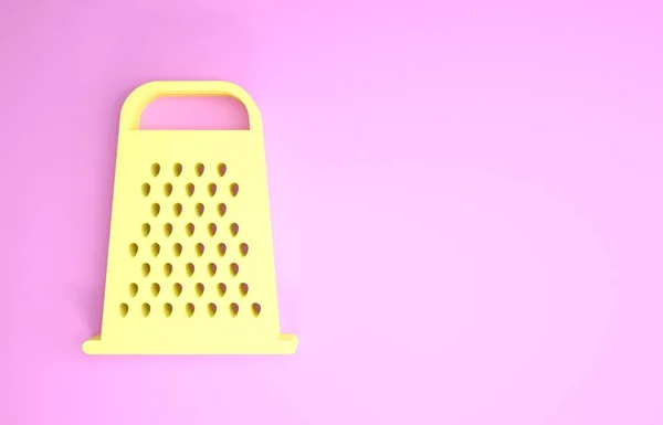 Żółta ikona Grater izolowana na różowym tle. Symbol kuchni. Przybornik kuchenny. Znak sztućców. Koncepcja minimalizmu. Ilustracja 3D 3D renderowania — Zdjęcie stockowe