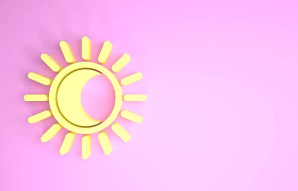 黄色日蚀的太阳图标孤立在粉红色的背景. 总声纳月蚀。 最低纲领的概念。 3d说明3d — 图库照片