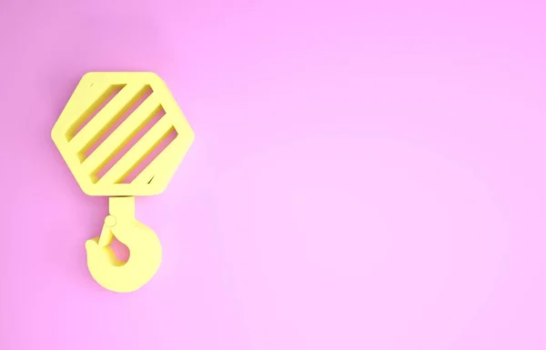 Žlutý Průmyslový hák ikona izolované na růžovém pozadí. Ikona háku jeřábu. Minimalismus. 3D ilustrace 3D vykreslení — Stock fotografie