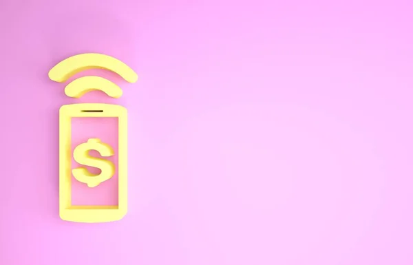 Icono de pago sin contacto amarillo aislado sobre fondo rosa. Tecnología de billetera móvil, nfc, pago inalámbrico con smartphone. Concepto minimalista. 3D ilustración 3D render — Foto de Stock