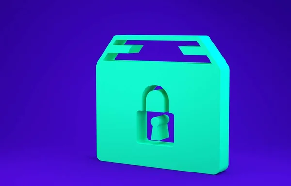 Ikona zeleného uzamčeného balíčku izolovaná na modrém pozadí. Zámek a lepenková krabice. Minimalismus. 3D ilustrace 3D vykreslení — Stock fotografie