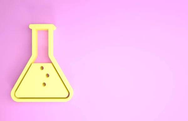 Amarelo Tubo de ensaio e frasco - ícone de ensaio químico em laboratório isolado sobre fundo rosa. Conceito de minimalismo. 3D ilustração 3D render — Fotografia de Stock