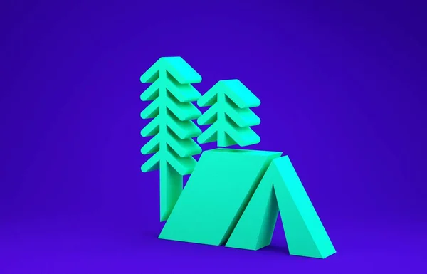 Ícone de tenda turística verde isolado no fundo azul. Símbolo de acampamento. Conceito de minimalismo. 3D ilustração 3D render — Fotografia de Stock