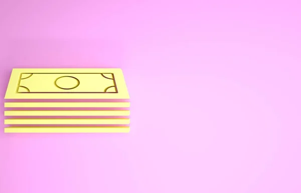 Žluté zásobníky papírové peníze peníze ikona izolované na růžovém pozadí. Hromádky bankovek. Bilanční měna. Minimalismus. 3D ilustrace 3D vykreslení — Stock fotografie