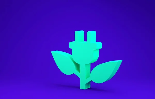 Green Electric saving plug in leaf icon isolated on blue background. Save energy electricity icon. Environmental protection icon. Bio energy. Minimalism concept. 3d illustration 3D render
