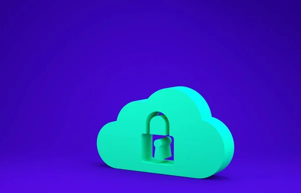 Green Cloud computing lock icon isolated on blue background. Security, safety, protection concept. Minimalism concept. 3d illustration 3D render