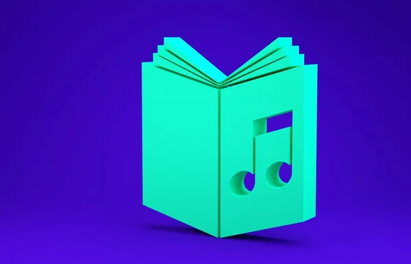 Green Audio book icon isolated on blue background. Musical note with book. Audio guide sign. Online learning concept. Minimalism concept. 3d illustration 3D render