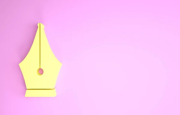 Желтый перо перо перо значок изолирован на розовом фоне. Знак инструмента ручки. Концепция минимализма. 3D-рендеринг — стоковое фото