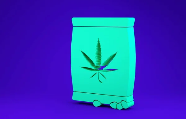 Zöld marihuána vagy cannabis magok egy táska ikon elszigetelt kék háttérrel. Kenderszimbólum. A marihuána ültetési folyamat. Minimalizmus koncepció. 3d illusztráció 3d render — Stock Fotó