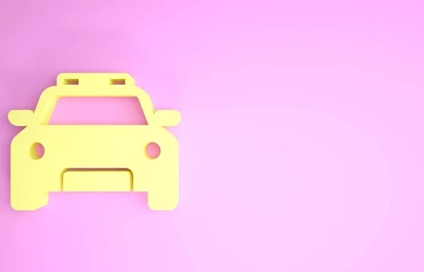 Coche amarillo de la policía y el icono parpadeante de la policía aislado sobre fondo rosa. Sirena intermitente de emergencia. Concepto minimalista. 3D ilustración 3D render — Foto de Stock