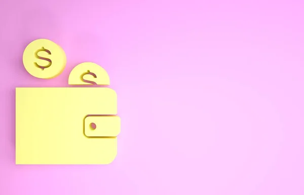 Yellow Wallet with coin icon isolated on pink background. Money Wallet. Coin dollar symbol. Minimalism concept. 3d illustration 3D render — Stock Photo, Image