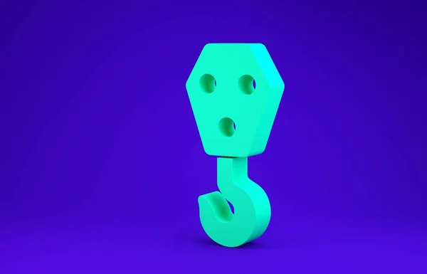 녹색 산업용 후크 아이콘 이 파란색 배경에서 분리되었습니다. 크레인 갈고리 아이콘이야. 최소성 개념. 3D 일러스트 3D 렌더링 — 스톡 사진