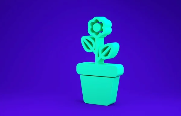 Flor verde no ícone do pote isolado no fundo azul. Planta crescendo em um pote. Planta em vaso. Conceito de minimalismo. 3D ilustração 3D render — Fotografia de Stock