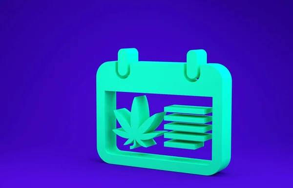 Green Calendar and marijuana or cannabis leaf icon isolated on blue background. National weed day. Hemp symbol. Minimalism concept. 3d illustration 3D render