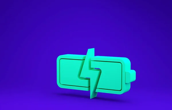 Πράσινο εικονίδιο μπαταρίας απομονωμένο σε μπλε φόντο. Σύμβολο κεραυνός. Μινιμαλιστική έννοια. 3D απεικόνιση 3d καθιστούν — Φωτογραφία Αρχείου