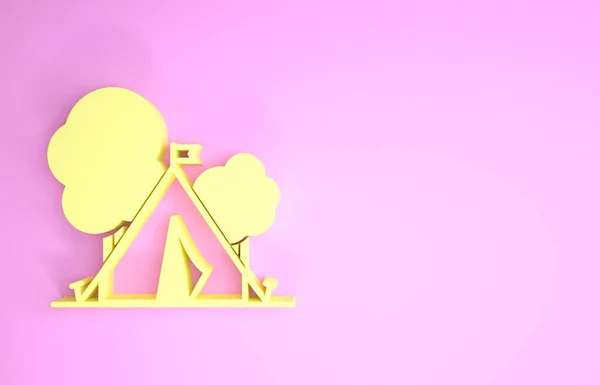Жовтий туристичний намет з значком прапора ізольований на рожевому фоні. Символ кемпінгу. Концепція мінімалізму. 3D ілюстрація 3D рендеринга — стокове фото