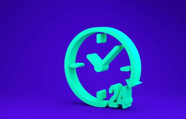 Зображення зеленого годинника 24 години ізольовано на синьому фоні. Цілоденна циклічна ікона. 24 години символу служби. Концепція мінімалізму. 3D-рендеринг — стокове фото