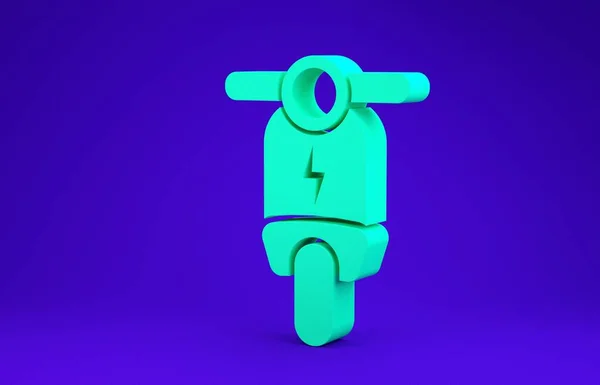 Значок зеленого електричного скутера ізольовано на синьому фоні. Концепція мінімалізму. 3D ілюстрація 3D рендеринга — стокове фото