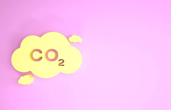 Bulut simgesindeki sarı CO2 emisyonları pembe arka planda izole edildi. Karbondioksit formülü sembolü, duman kirliliği konsepti, çevre konsepti. Minimalizm kavramı. 3d illüstrasyon 3d canlandırma — Stok fotoğraf
