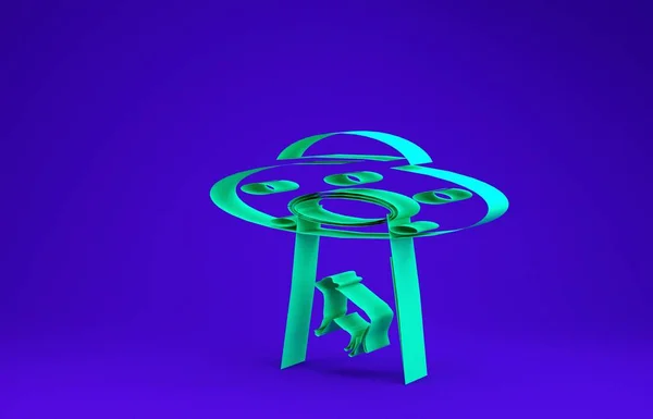 Green UFO abducts cow icon isolated on blue background. Flying saucer. Alien space ship. Futuristic unknown flying object. Minimalism concept. 3d illustration 3D render