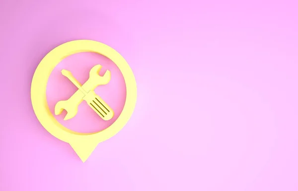Κίτρινη τοποθεσία με σταυρό κατσαβίδι και κλειδί εικονίδιο εργαλεία απομονώνονται σε ροζ φόντο. Σύμβολο ρυθμίσεων δείκτη. Μινιμαλιστική έννοια. 3D απεικόνιση 3d καθιστούν — Φωτογραφία Αρχείου