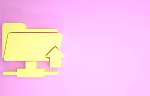 Ícone amarelo de upload de pasta FTP isolado no fundo rosa. Atualização de software, protocolo de transferência, roteador, gerenciamento de ferramentas de trabalho em equipe, processo de cópia. Conceito de minimalismo. 3D ilustração 3D render — Fotografia de Stock