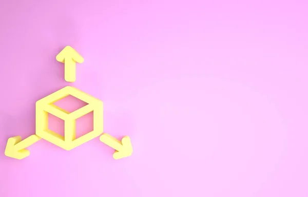 Żółta ikona sześcianu izometrycznego odizolowana na różowym tle. Geometryczna ikona kostek stałych. Trójwymiarowy znak. Symbol pudełka. Koncepcja minimalizmu. Ilustracja 3d — Zdjęcie stockowe