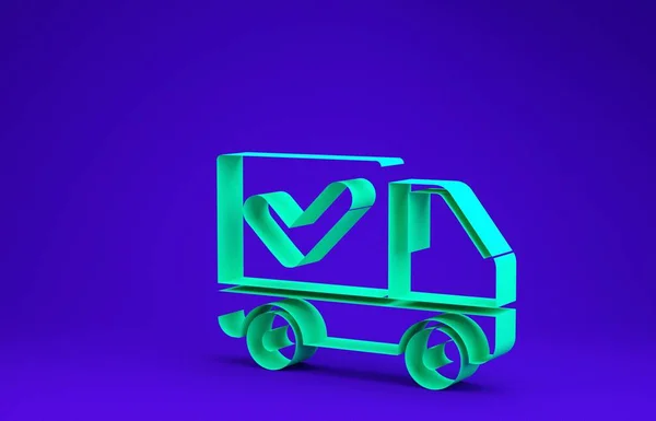 Truk pengiriman hijau dengan ikon tanda centang terisolasi dengan latar belakang biru. Konsep minimalisme. Tampilan 3D ilustrasi 3d — Stok Foto