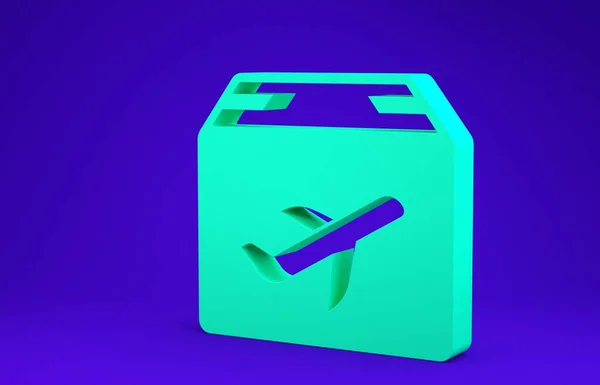 Green Plane and cardboard box icon isolated on blue background. Delivery, transportation. Cargo delivery by air. Airplane with parcels, boxes. Minimalism concept. 3d illustration 3D render