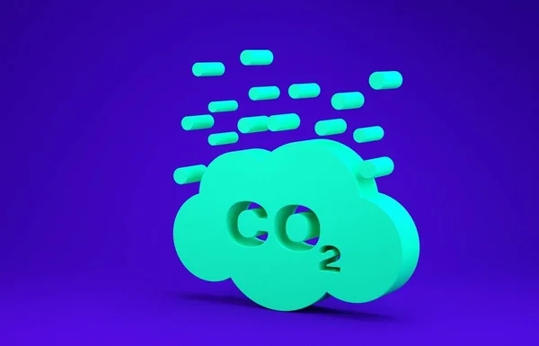 Grön Co2 utsläpp i molnikonen isolerad på blå bakgrund. Koldioxidformel symbol, smog förorening koncept, miljö koncept. Minimalistiskt koncept. 3D-illustration 3D-återgivning — Stockfoto