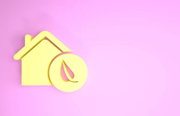 Жовтий екологічно чистий значок будинку ізольований на рожевому фоні. Екологічний будинок з листям. Концепція мінімалізму. 3D ілюстрація 3D рендеринга — стокове фото