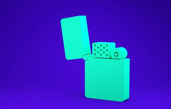 Icono de encendedor verde aislado sobre fondo azul. Concepto minimalista. 3D ilustración 3D render —  Fotos de Stock