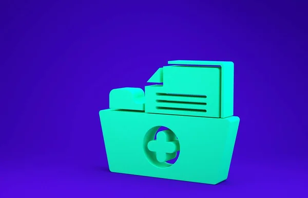 蓝色背景下隔离的医疗保健图标绿色医疗记录文件夹。 病人档案图标 病史符号。 最低纲领的概念。 3d说明3d — 图库照片