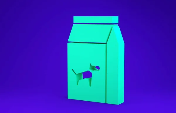 Groene tas met voedsel voor hond pictogram geïsoleerd op blauwe achtergrond. Voedsel voor dieren. Huisdier voedselpakket. Minimalisme concept. 3d illustratie 3d renderen — Stockfoto