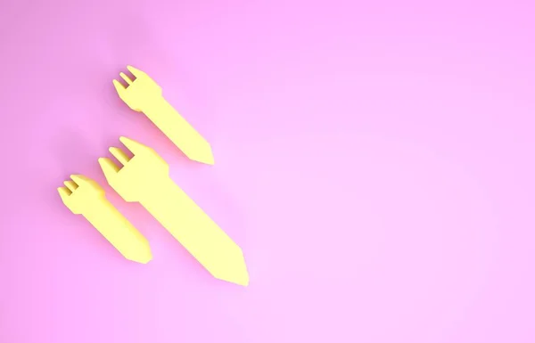 Gelbes Raketensymbol isoliert auf rosa Hintergrund. Minimalismus-Konzept. 3D Illustration 3D Renderer — Stockfoto
