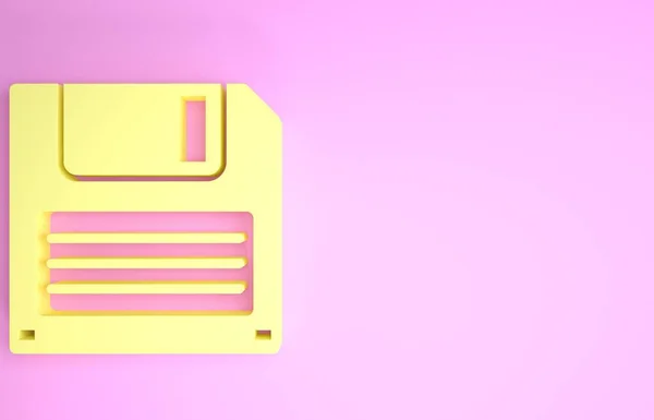 Yellow Floppy disk for computer data storage icon isolated on pink background. Diskette sign. Minimalism concept. 3d illustration 3D render — Stock Photo, Image