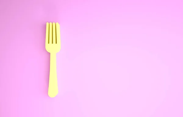 Ícone de garfo amarelo isolado no fundo rosa. Símbolo de talheres. Conceito de minimalismo. 3D ilustração 3D render — Fotografia de Stock