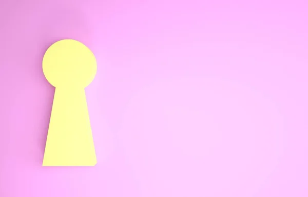 Ícone amarelo do buraco da fechadura isolado no fundo rosa. Chave da solução de sucesso. Keyhole expressar o conceito de enigma, segredo, segurança, segurança. Conceito de minimalismo. 3D ilustração 3D render — Fotografia de Stock